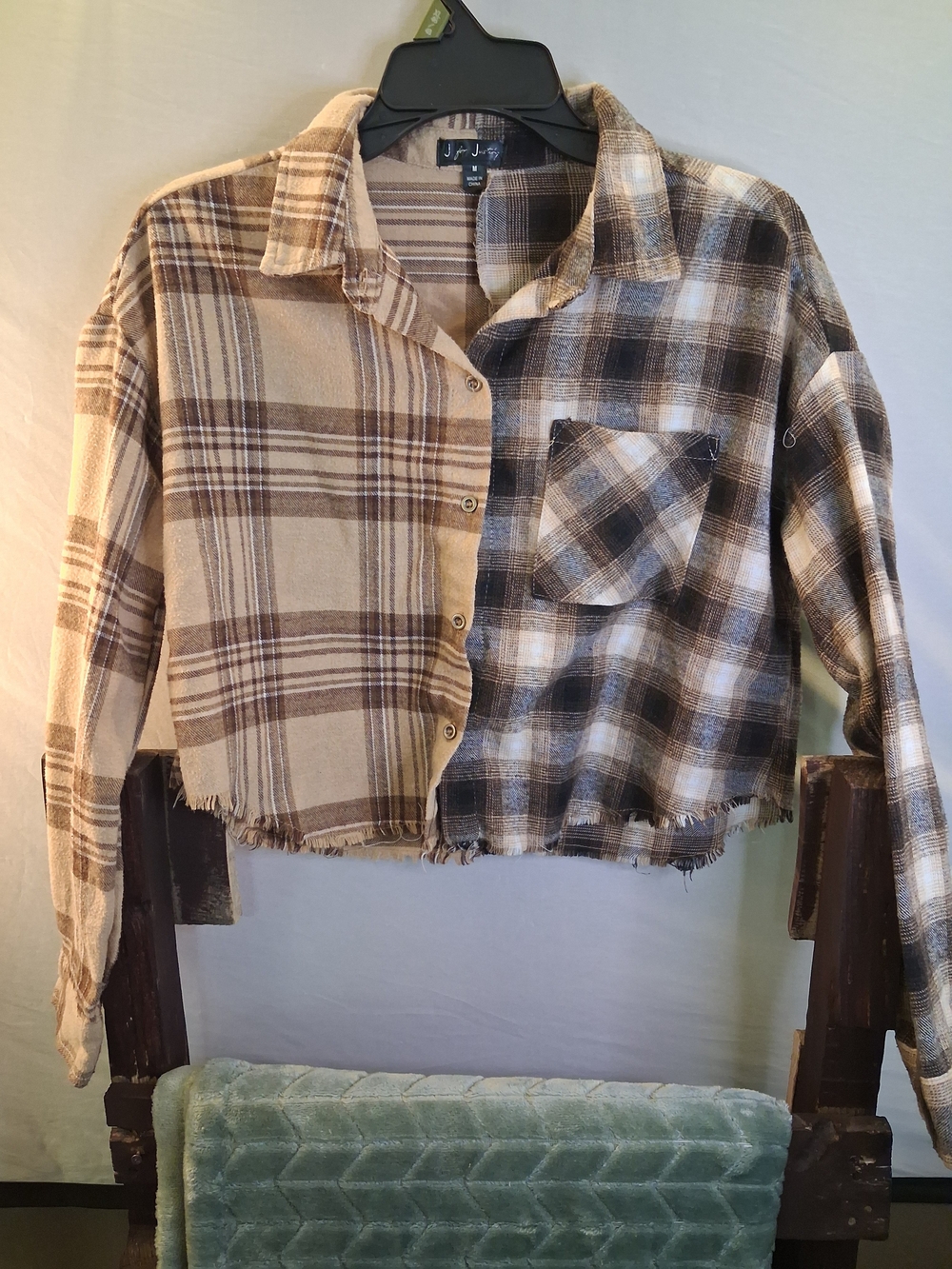 J for Justify Beige and Brown Plaid Cropped Button-Down Shirt
